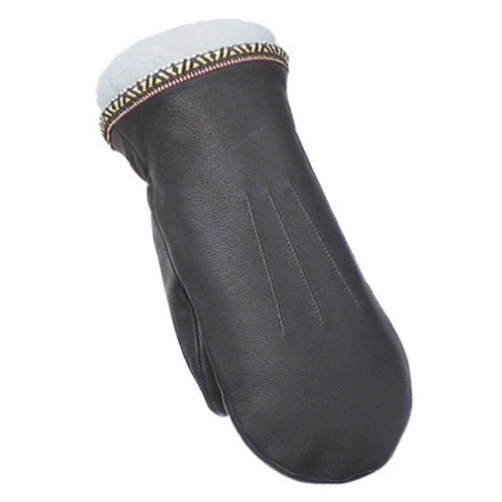 Short black leather mittens, indian braid, removable genuine lamb lining MM Laurentian Chief Accessories