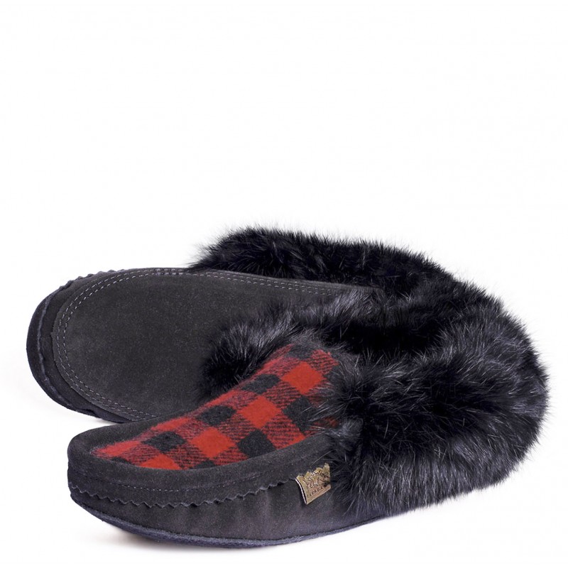"Laurentian Chief Slipper fur trim, black orlon, polar top, padded sole, black H06" Laurentian Chief Fur Slipper